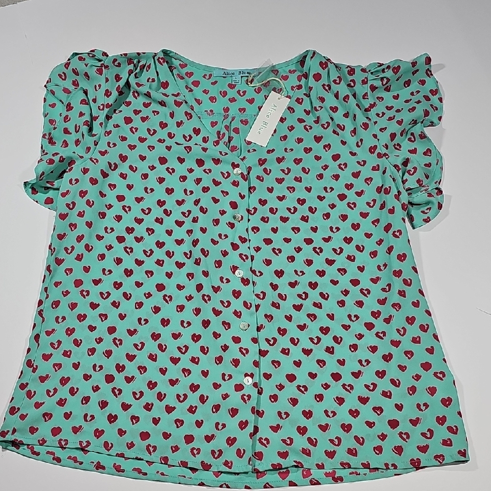 Alice Blue Green With Pink Hearts Button Up Blouse Size Large